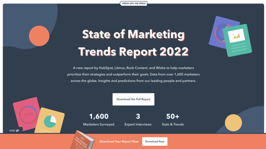 homepage for HubSpot's State of Marketing Trends Report 2022 with button to download the report