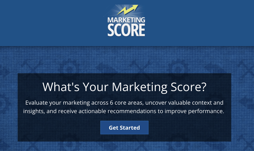Screenshot of MarketingScore.com with button to Get Started evaluating your marketing score