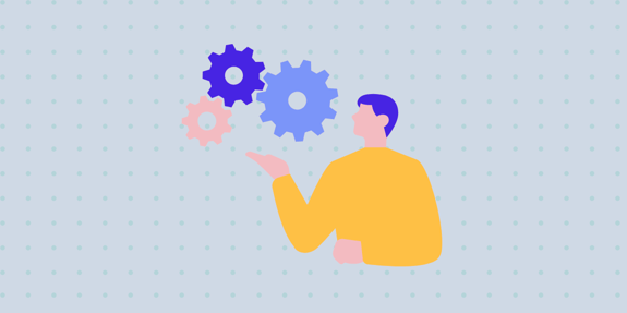graphic of person holding three interconnected gears