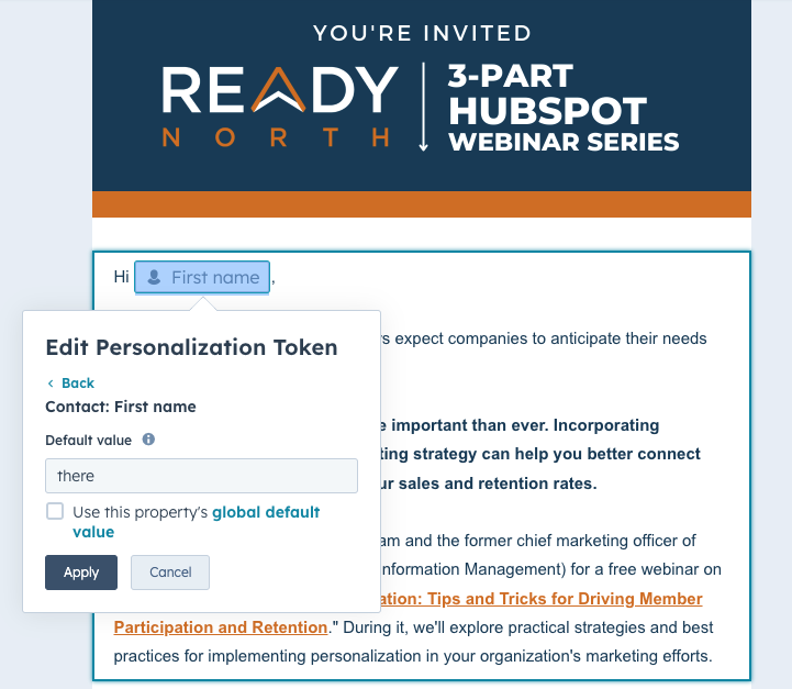 screenshot of inserting a personalization token to a HubSpot email
