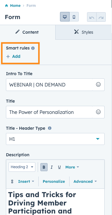 screenshot of where to engage smart content in HubSpot