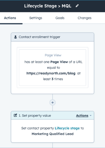 screenshot of workflow in HubSpot to change lifecycle stage to an MQL